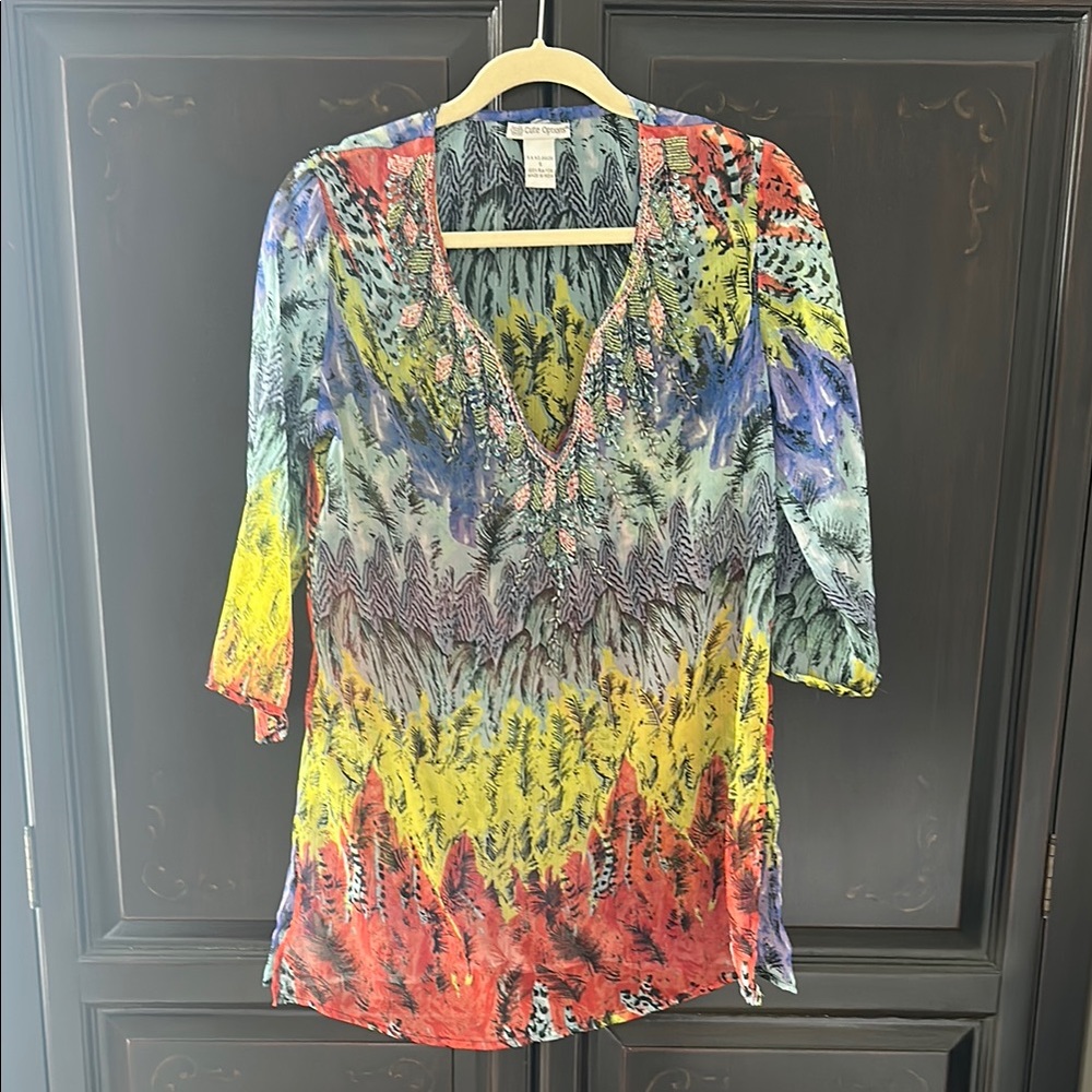 Multi-Color V-Neck Sheer Beach Tunic Top - Bold Abstract Print Beaded Detail